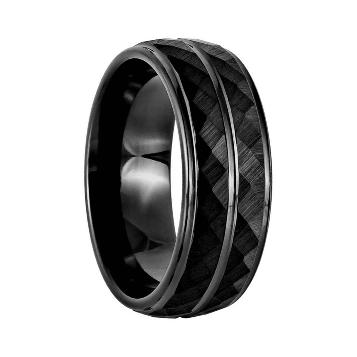 Geometric Faceted Black Tungsten Men's Wedding Band with Dual Grooves