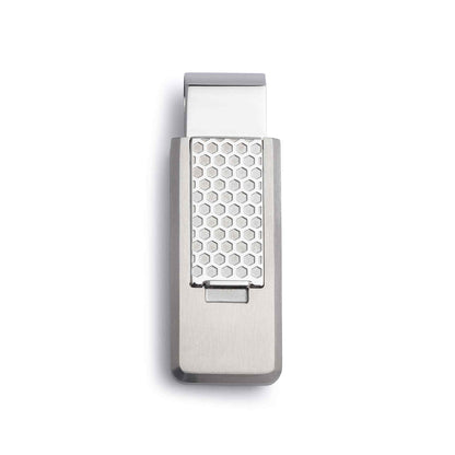 A geometric pattern engraved flip money clip displayed on a neutral white background.