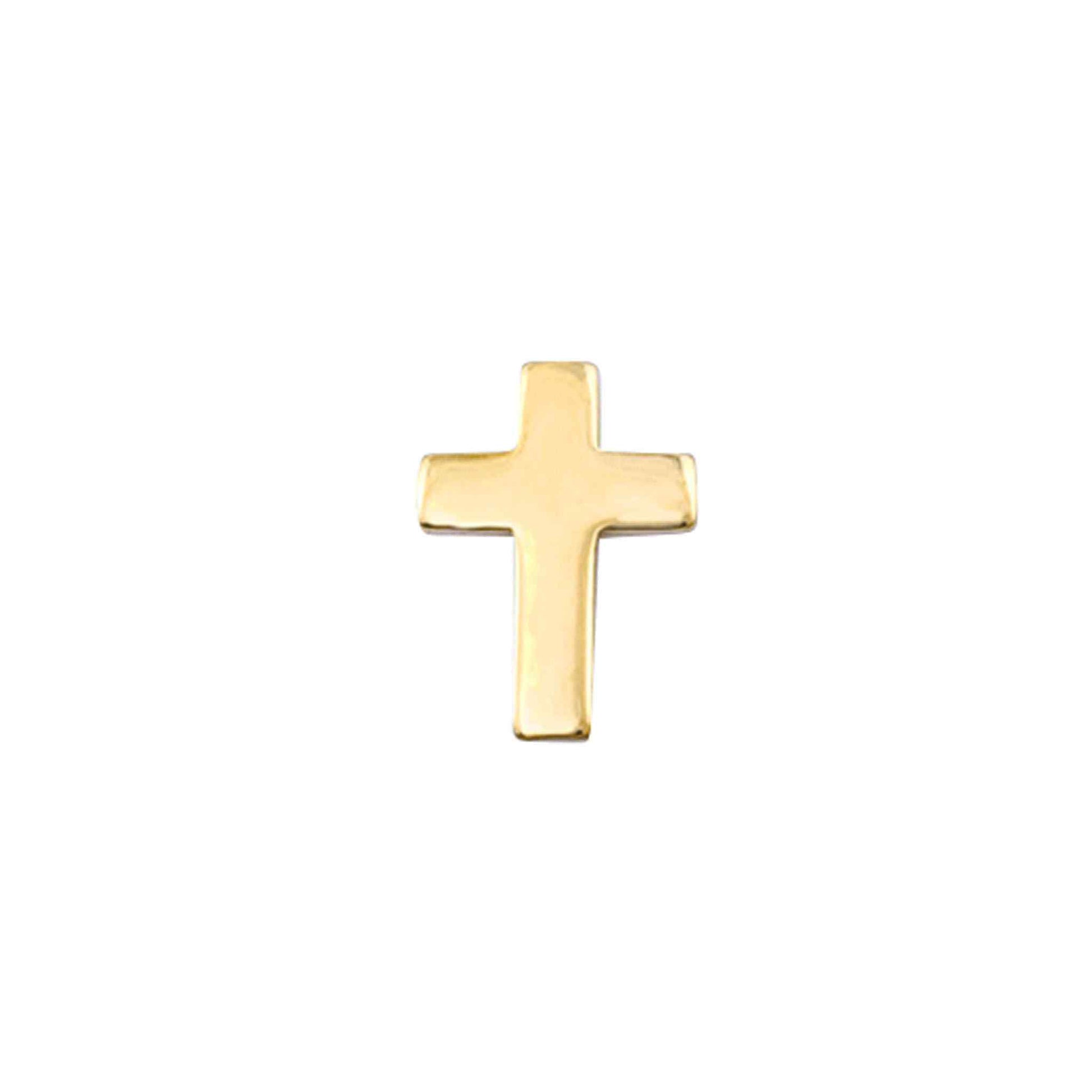A gold 14k yellow gold cross tie tack displayed on a neutral white background.