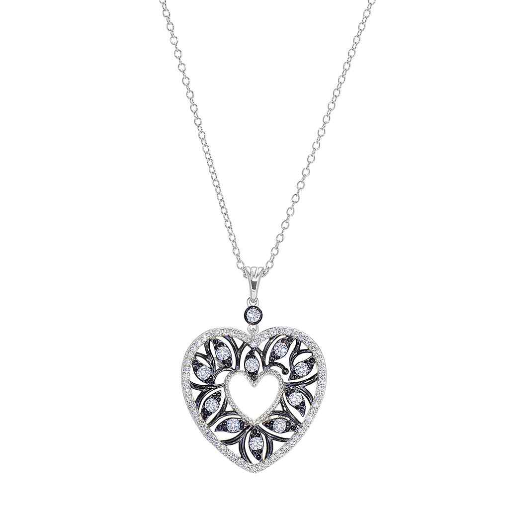 A gold and black sterling silver open heart necklace with simulated diamonds displayed on a neutral white background.