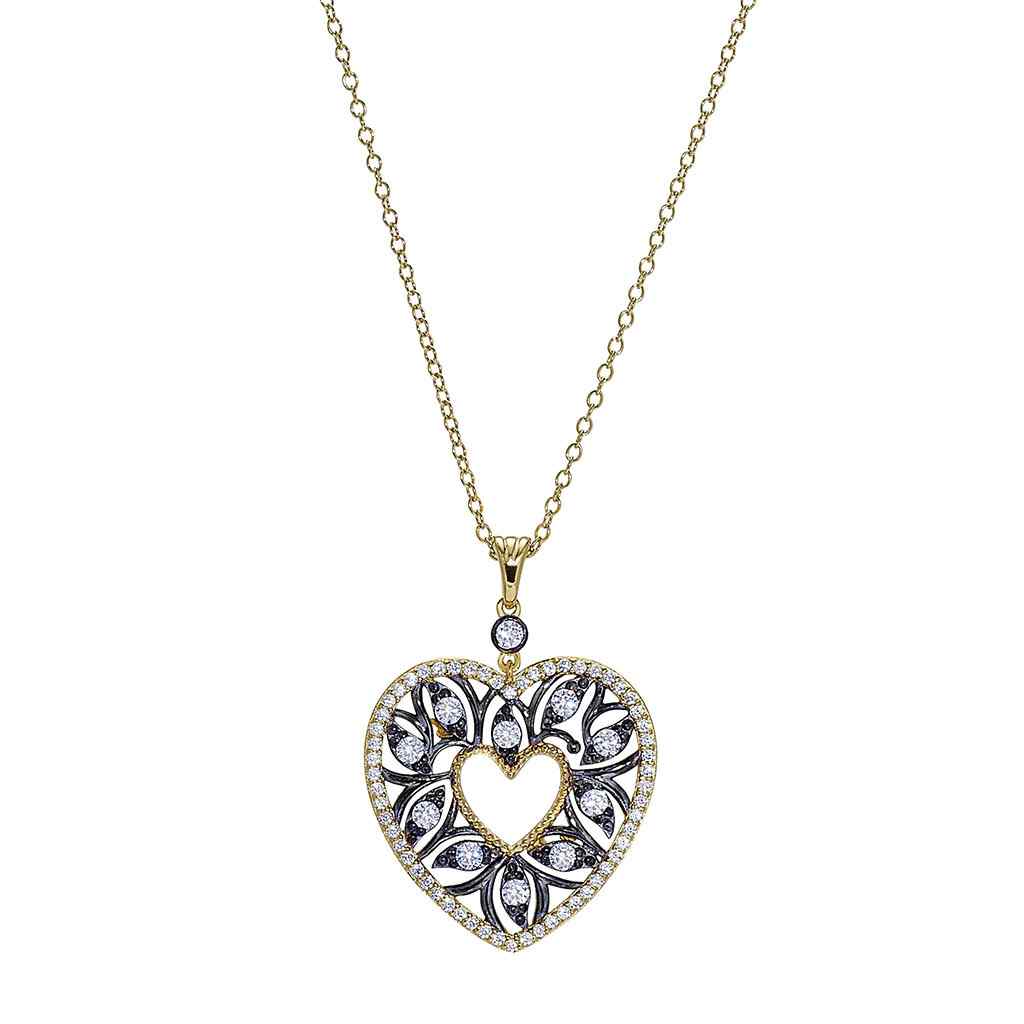 A gold and black sterling silver open heart necklace with simulated diamonds displayed on a neutral white background.