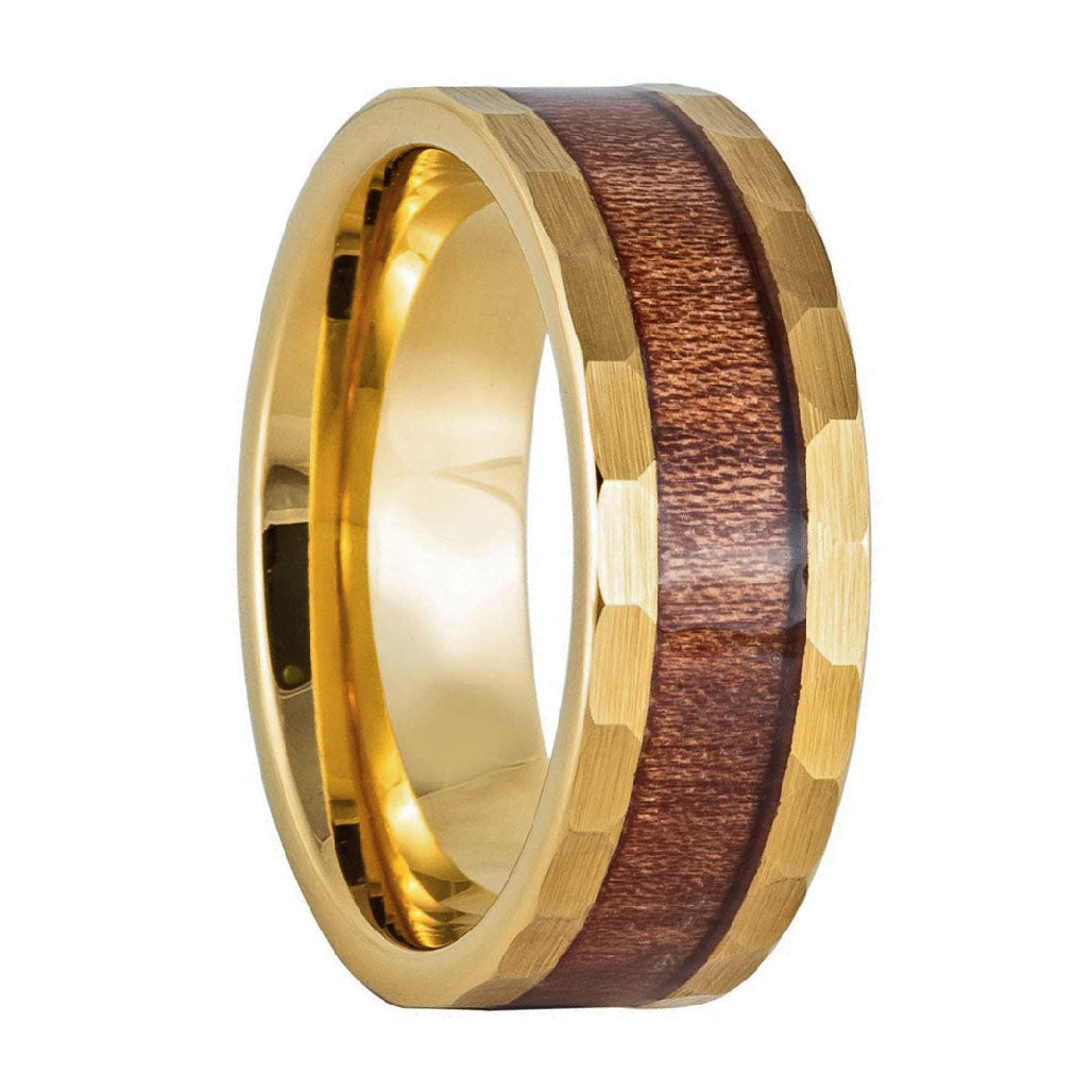 Gold Hammered Tungsten Men's Wedding Band with Wood Inlay