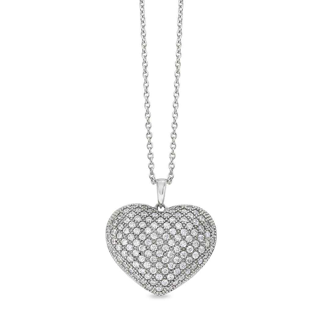 A gold heart necklace with 118 simulated diamonds displayed on a neutral white background.