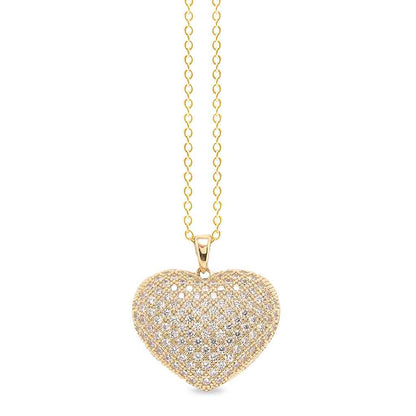 A gold heart necklace with 118 simulated diamonds displayed on a neutral white background.