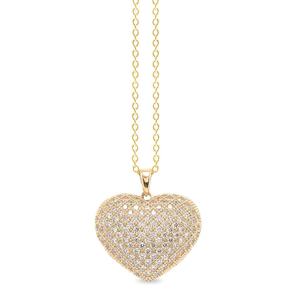 A gold heart necklace with 118 simulated diamonds displayed on a neutral white background.
