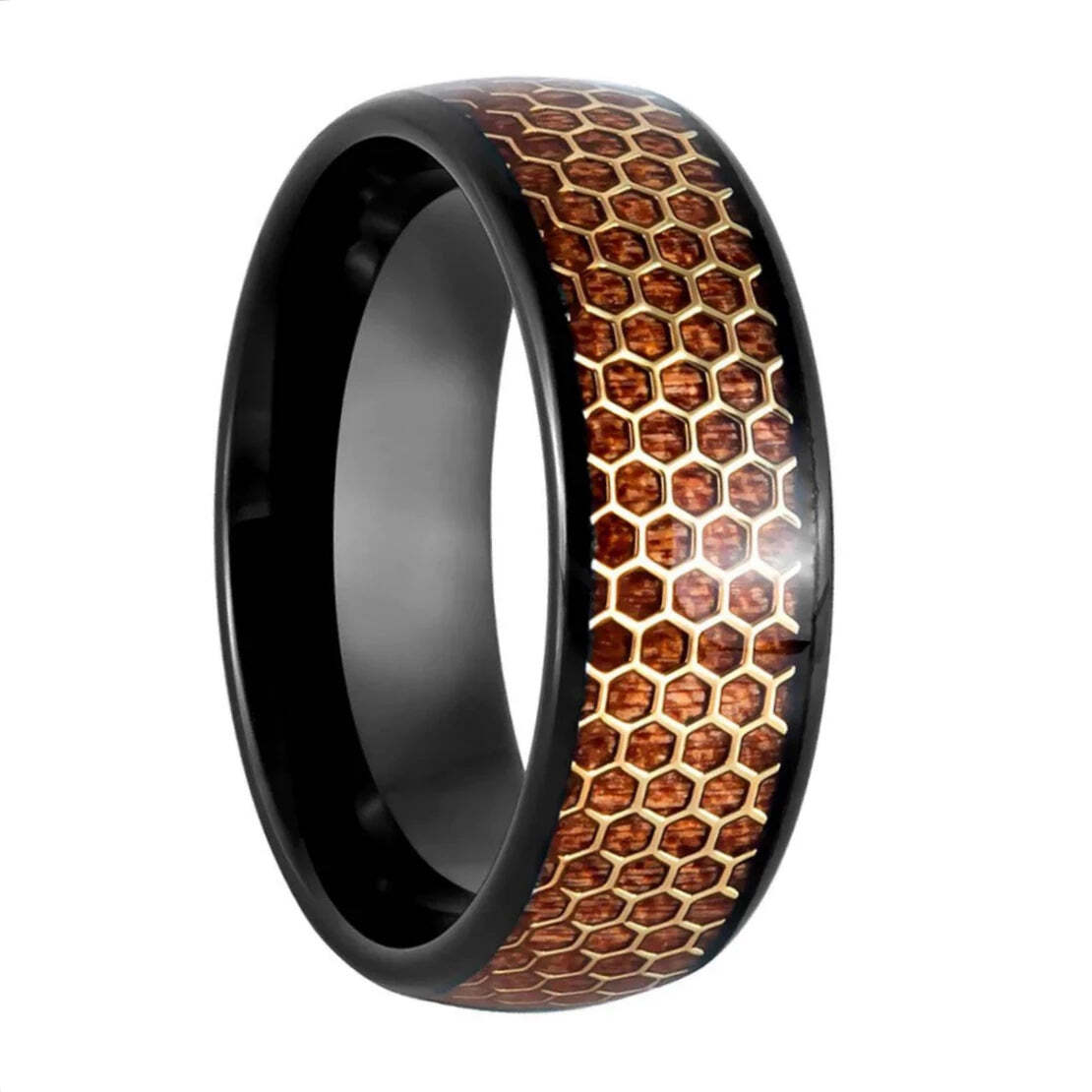 Gold Hexagon Honeycomb & Wood Inlay Black Tungsten Men's Wedding Band