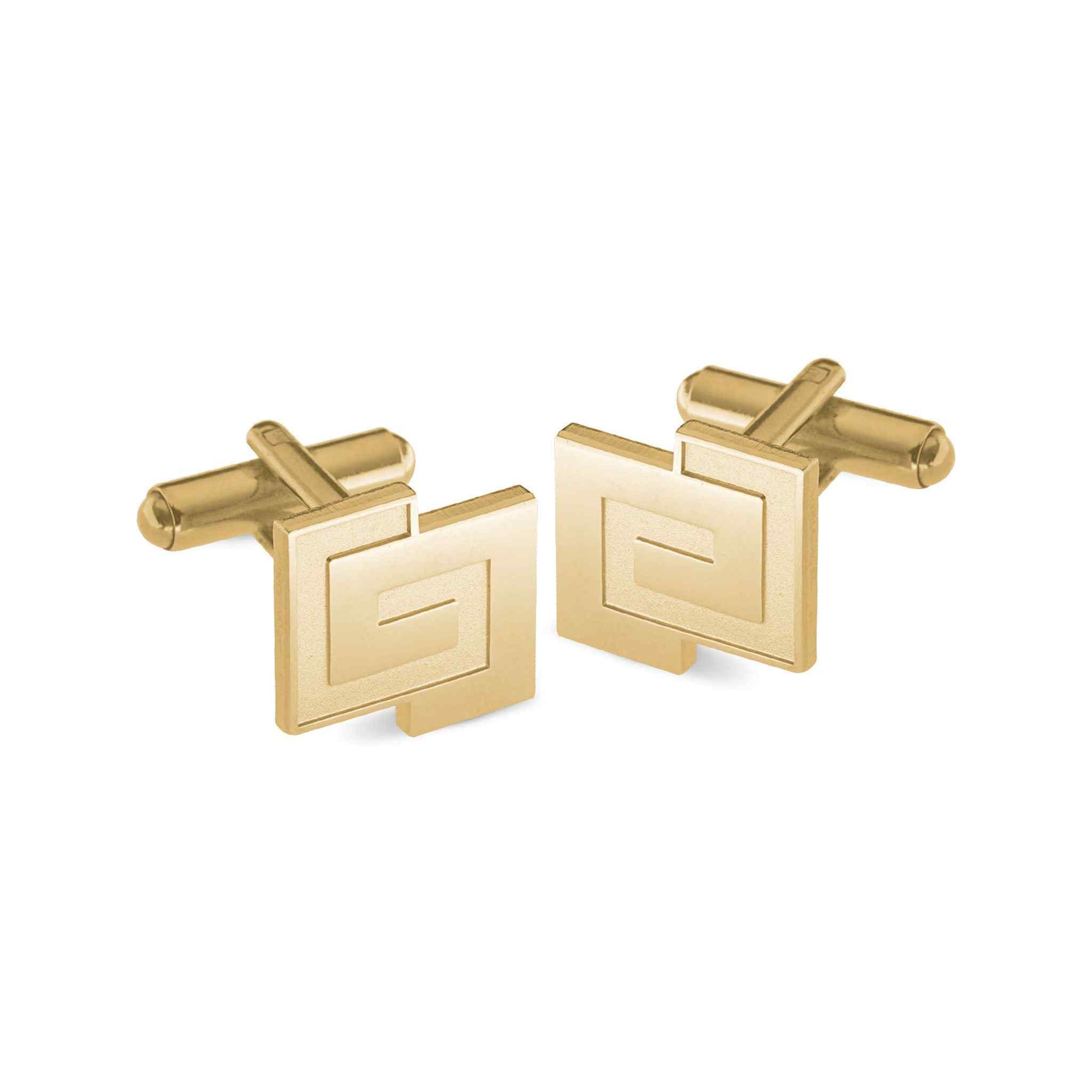 A gold interlocking pattern cufflinks displayed on a neutral white background.