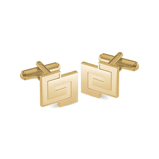 A gold interlocking pattern cufflinks displayed on a neutral white background.