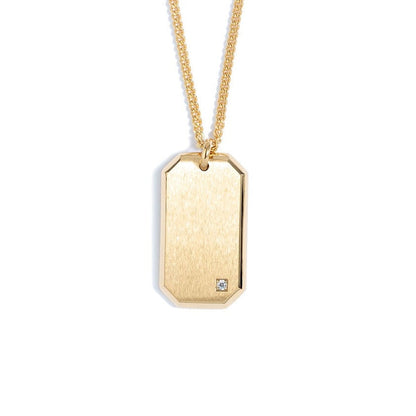 A stainless steel dog tag with simulated diamond on chain displayed on a neutral white background.