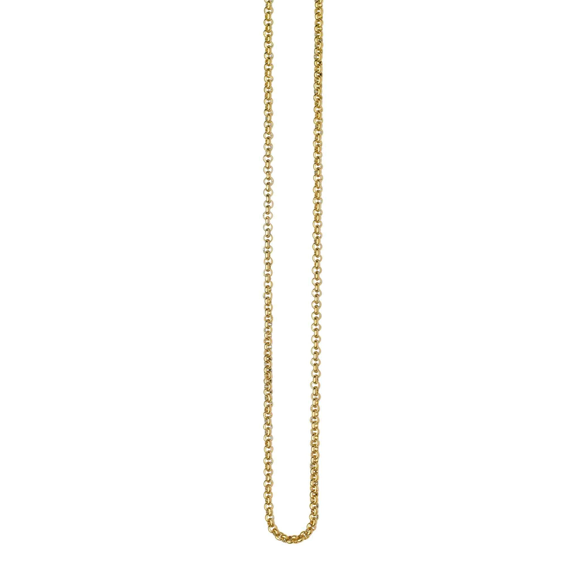 A stainless steel 1.85mm 18" - 20" adjustable rolo chain with 14k gold color plating displayed on a neutral white background.