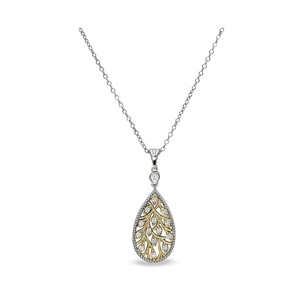 A gold and tear drop necklace with simulated diamonds displayed on a neutral white background.