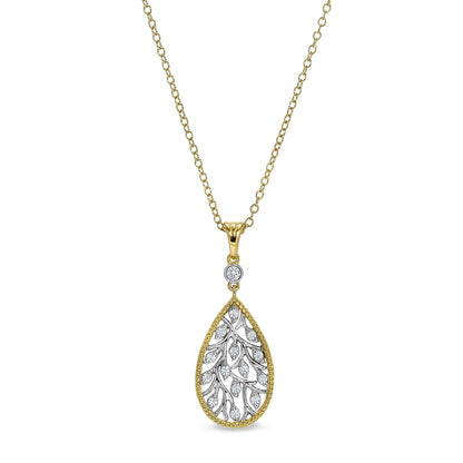A gold and tear drop necklace with simulated diamonds displayed on a neutral white background.