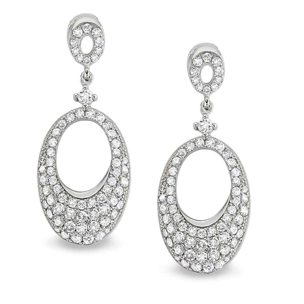 A graduated open oval earrings with simulated diamonds displayed on a neutral white background.