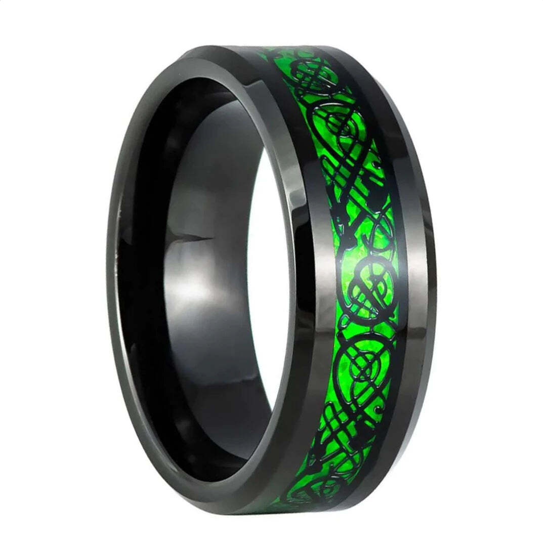 Green Celtic Dragon Knot Inlay Black Tungsten Men's Wedding Band