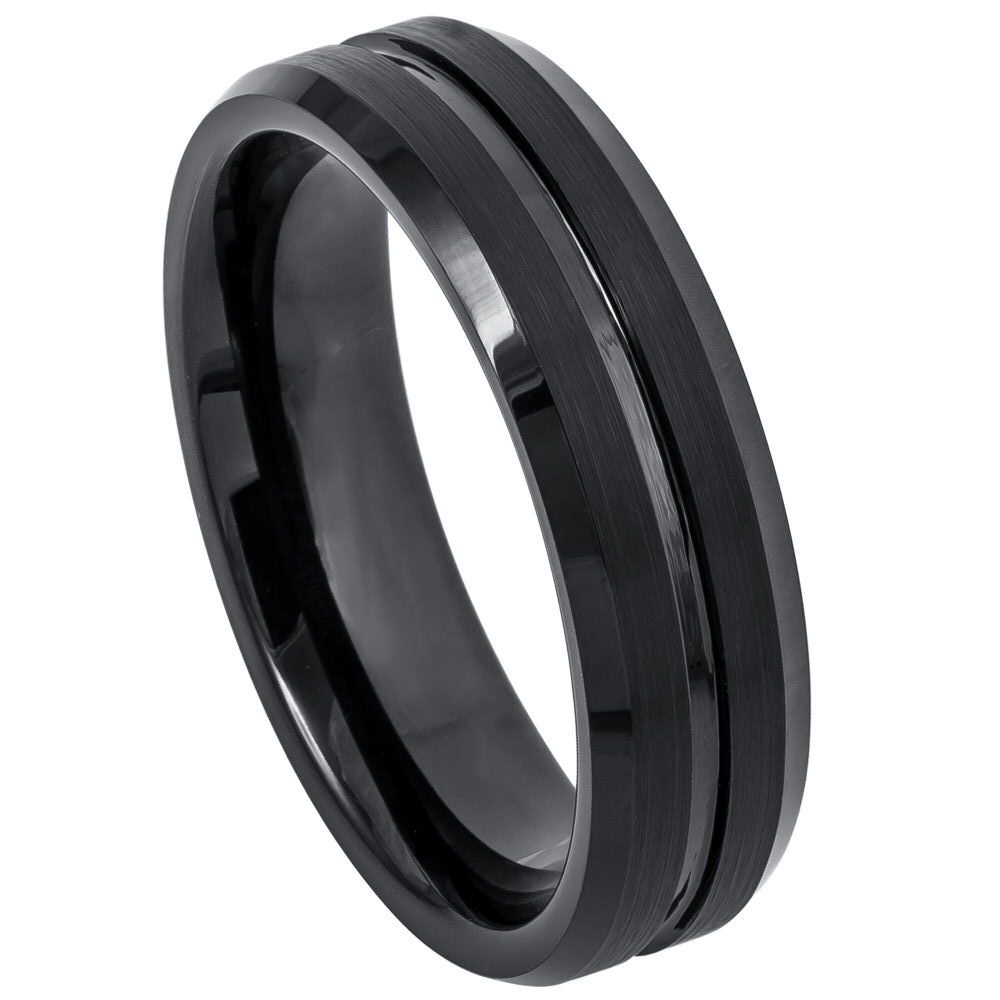 Grooved Black Tungsten Couple's Matching Wedding Band Set