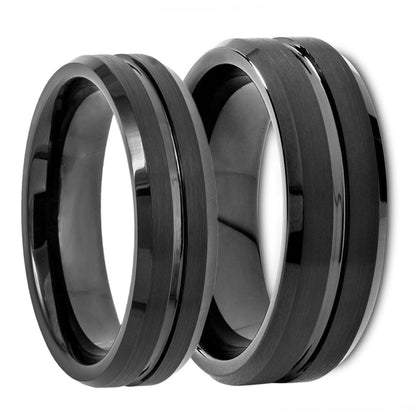 Grooved Black Tungsten Couple's Matching Wedding Band Set