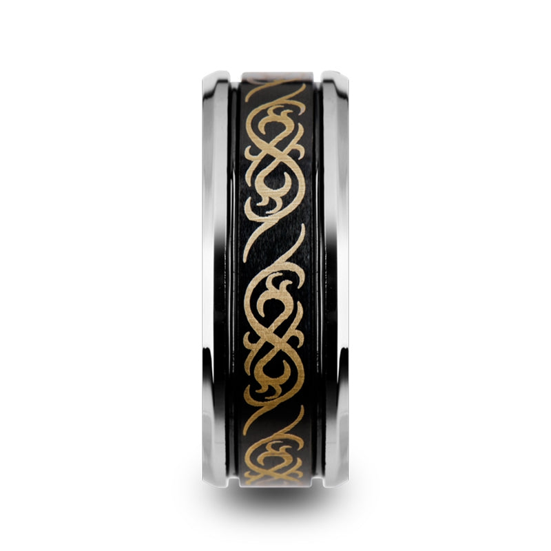 Grooved Black Tungsten Wedding Band with Engraved Celtic Pattern