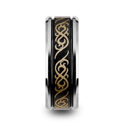 Grooved Black Tungsten Wedding Band with Engraved Celtic Pattern