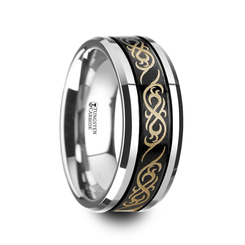 Grooved Black Tungsten Ring with Celtic Pattern