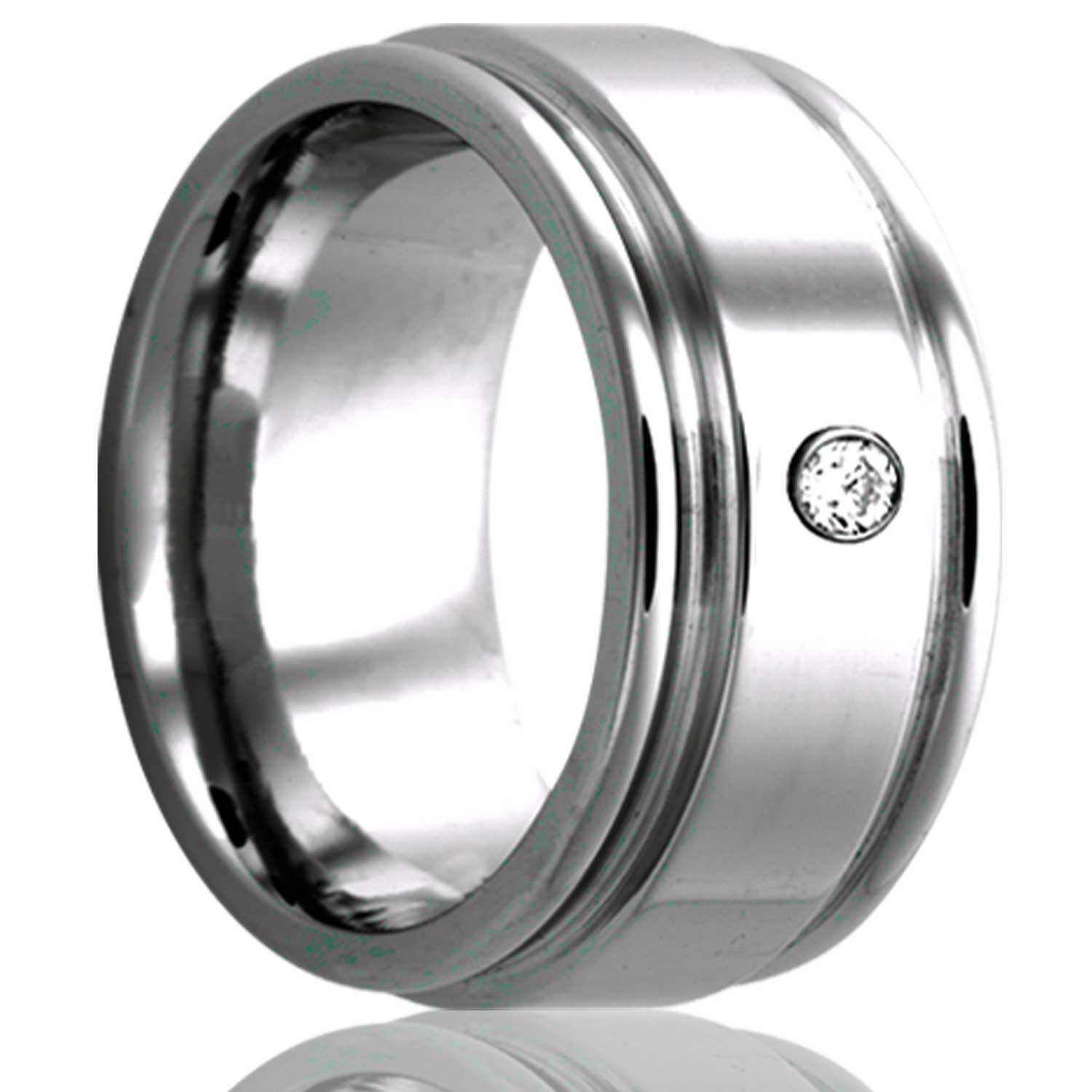 A cobalt wedding band with dual grooves & diamond displayed on a neutral white background.
