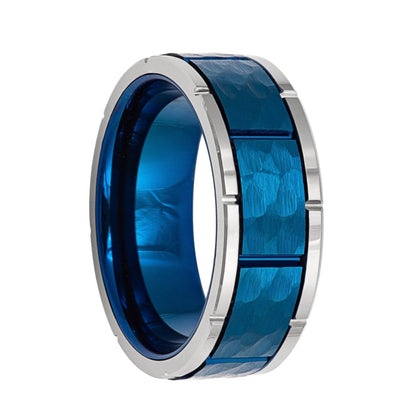 Grooved Hammered Blue Tungsten Men's Wedding Band