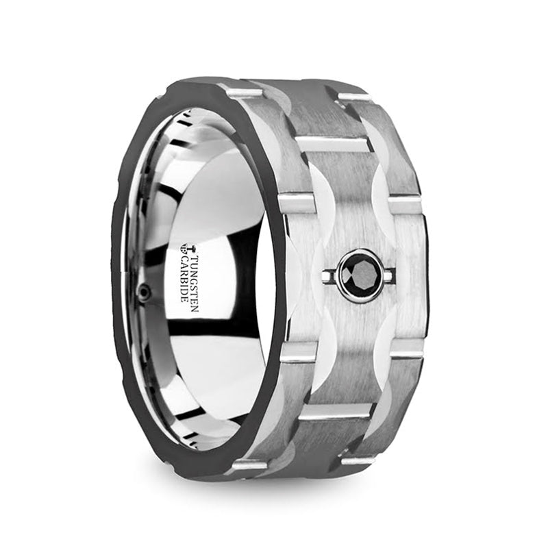 Grooved Tungsten Men's Wedding Band with Black Diamond