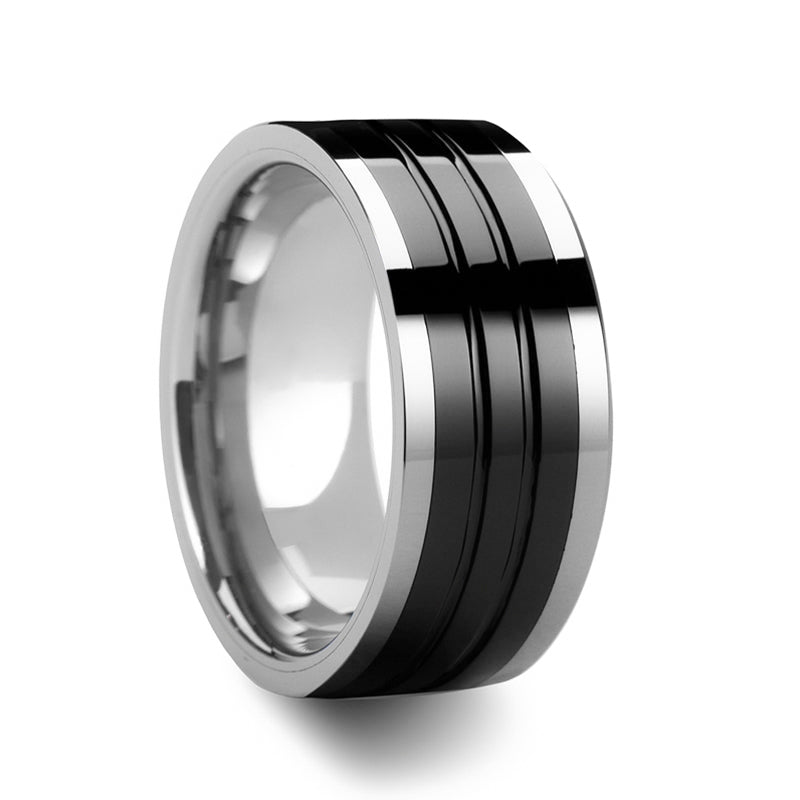 Grooved Tungsten Men's Wedding Band with Ceramic Inlay