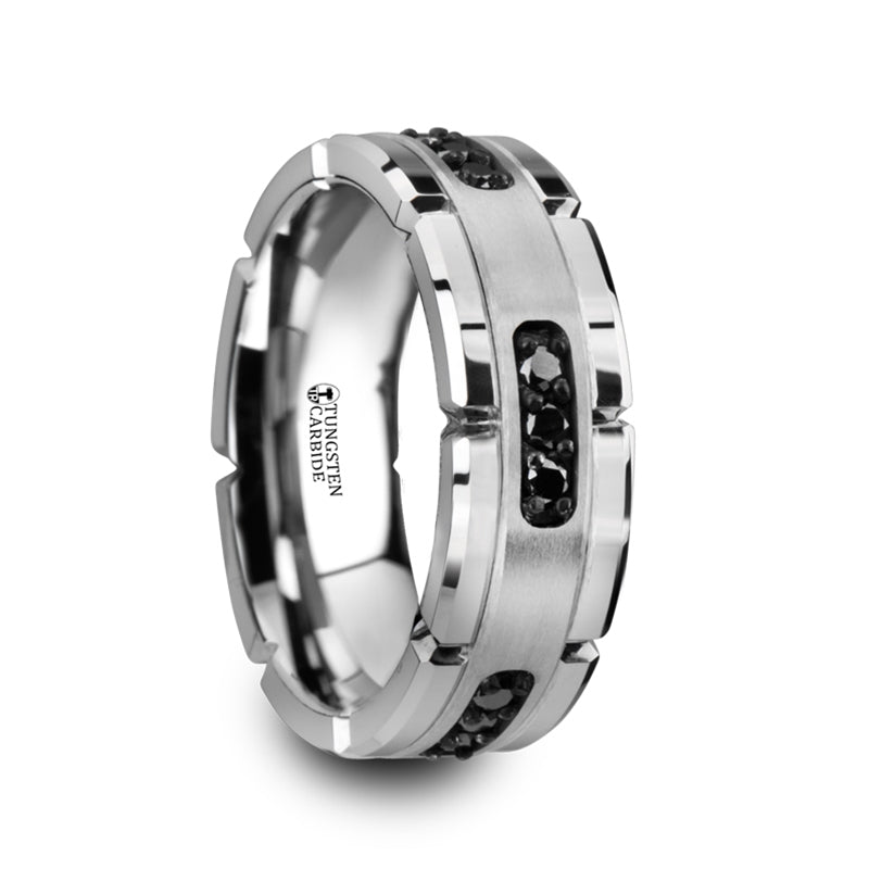 Grooved Tungsten Men's Wedding Band with Silver Inlay & Black Diamonds