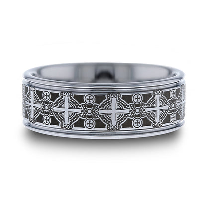 Grooved Tungsten Wedding Band with Engraved Crosses