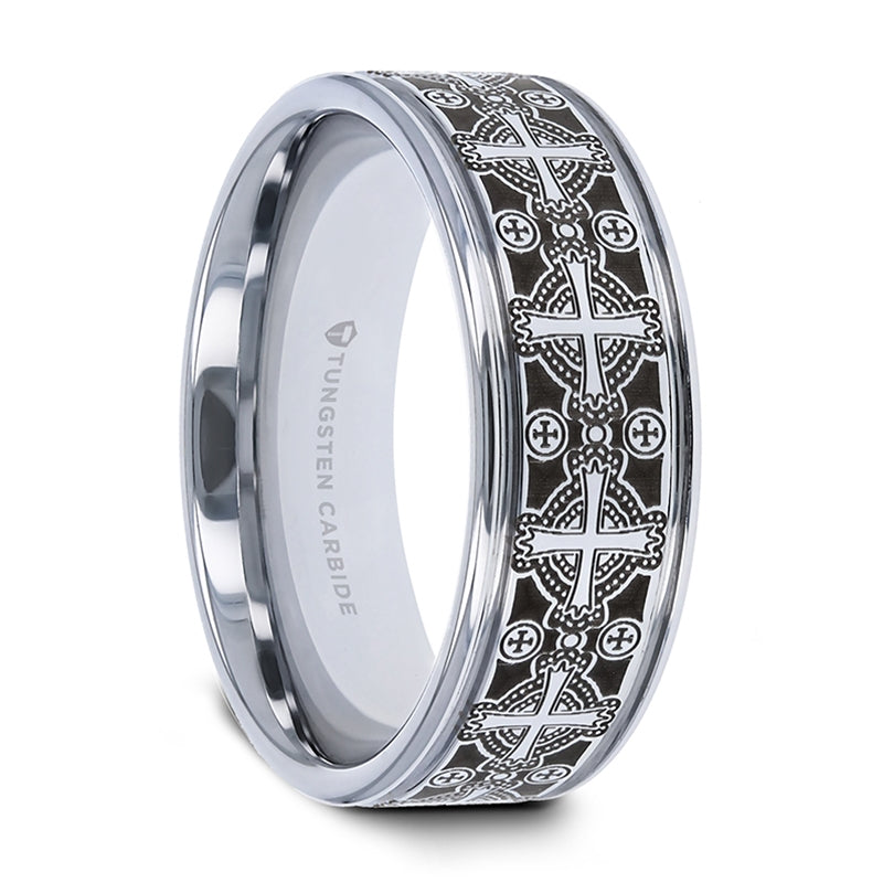 Grooved Tungsten Wedding Band with Engraved Crosses