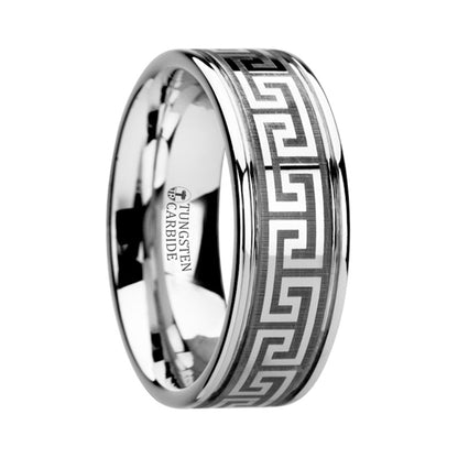 Grooved Tungsten Wedding Band with Greek Key Design