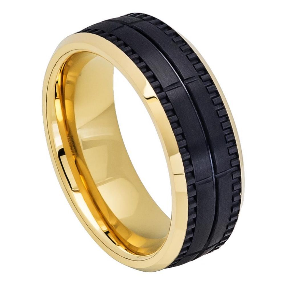 Grooved Yellow Gold & Black Tungsten Men's Wedding Band