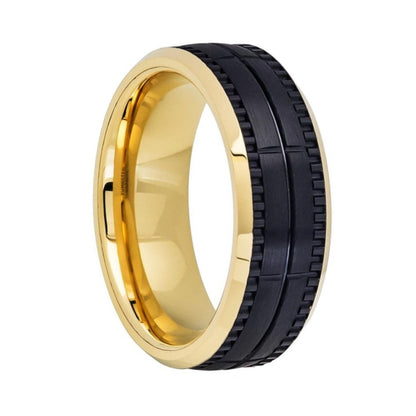 Grooved Yellow Gold & Black Tungsten Men's Wedding Band