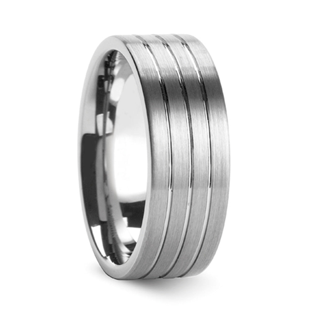 Grooved Brushed Tungsten Couple's Matching Wedding Band Set