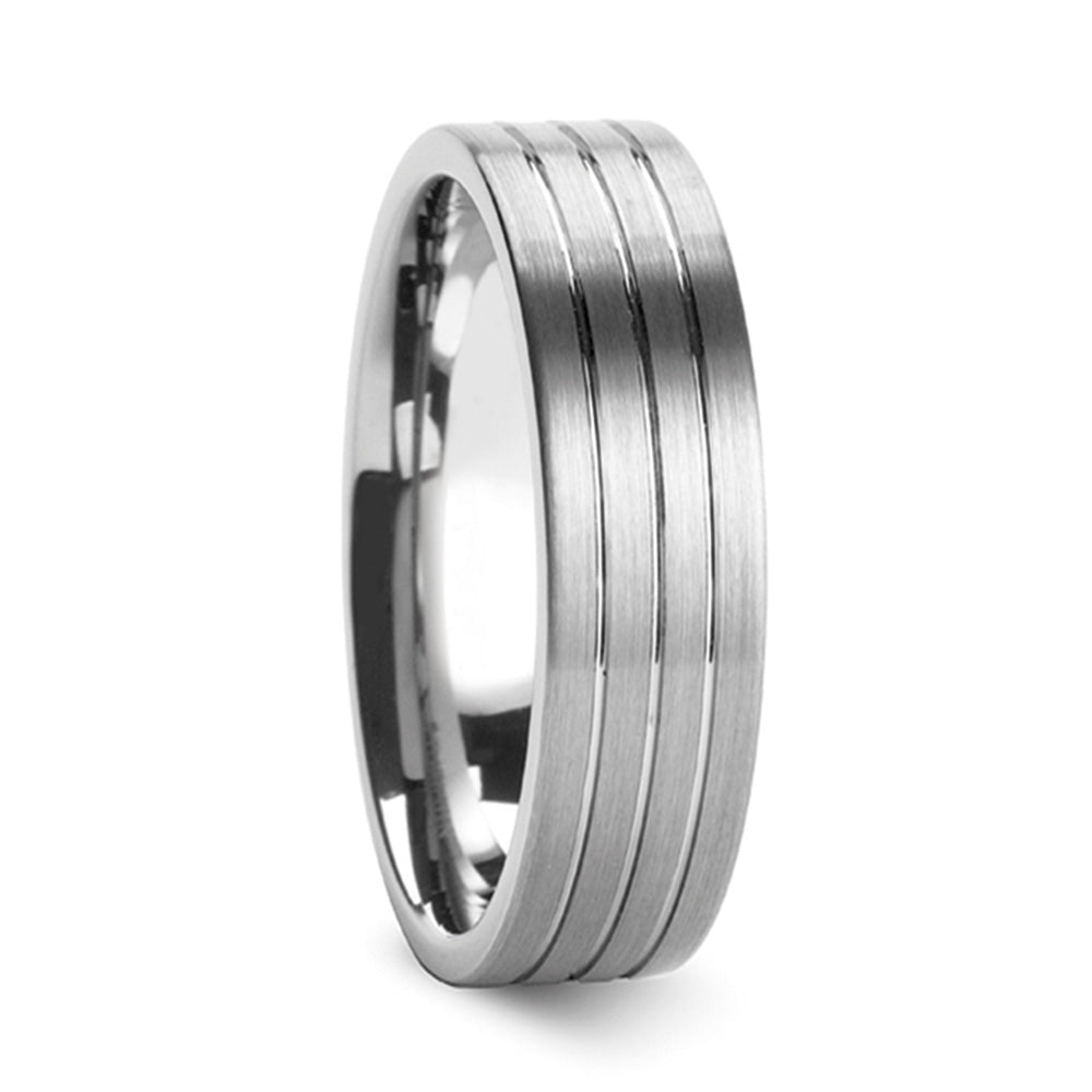 Grooved Brushed Tungsten Couple's Matching Wedding Band Set