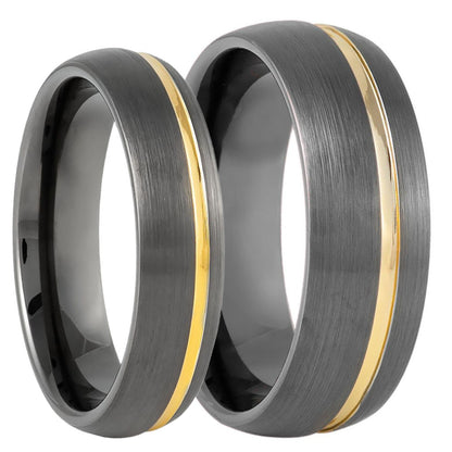 Gunmetal Tungsten Couple's Matching Wedding Band Set with Asymmetrical Gold Groove