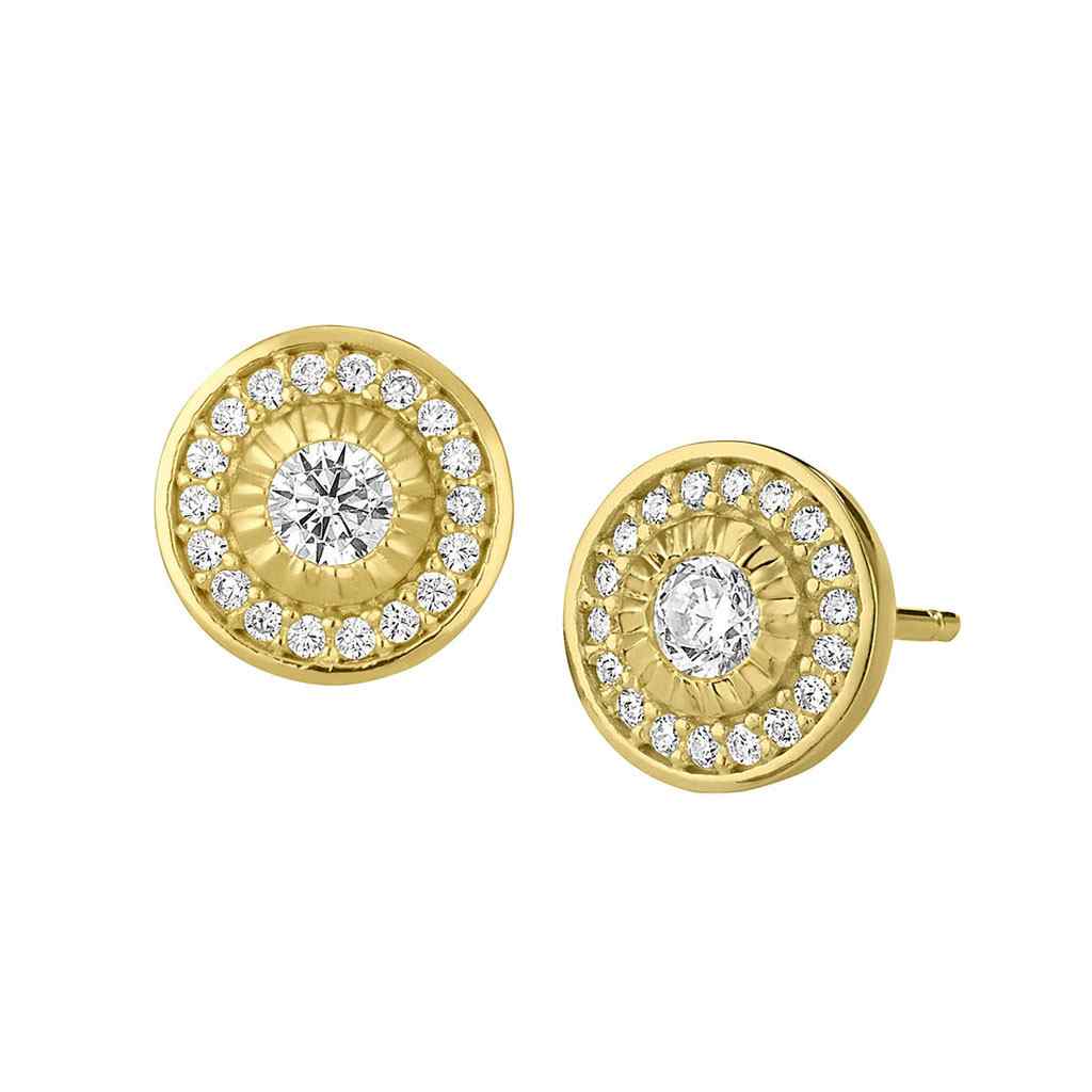 A halo earrings with simulated diamonds displayed on a neutral white background.
