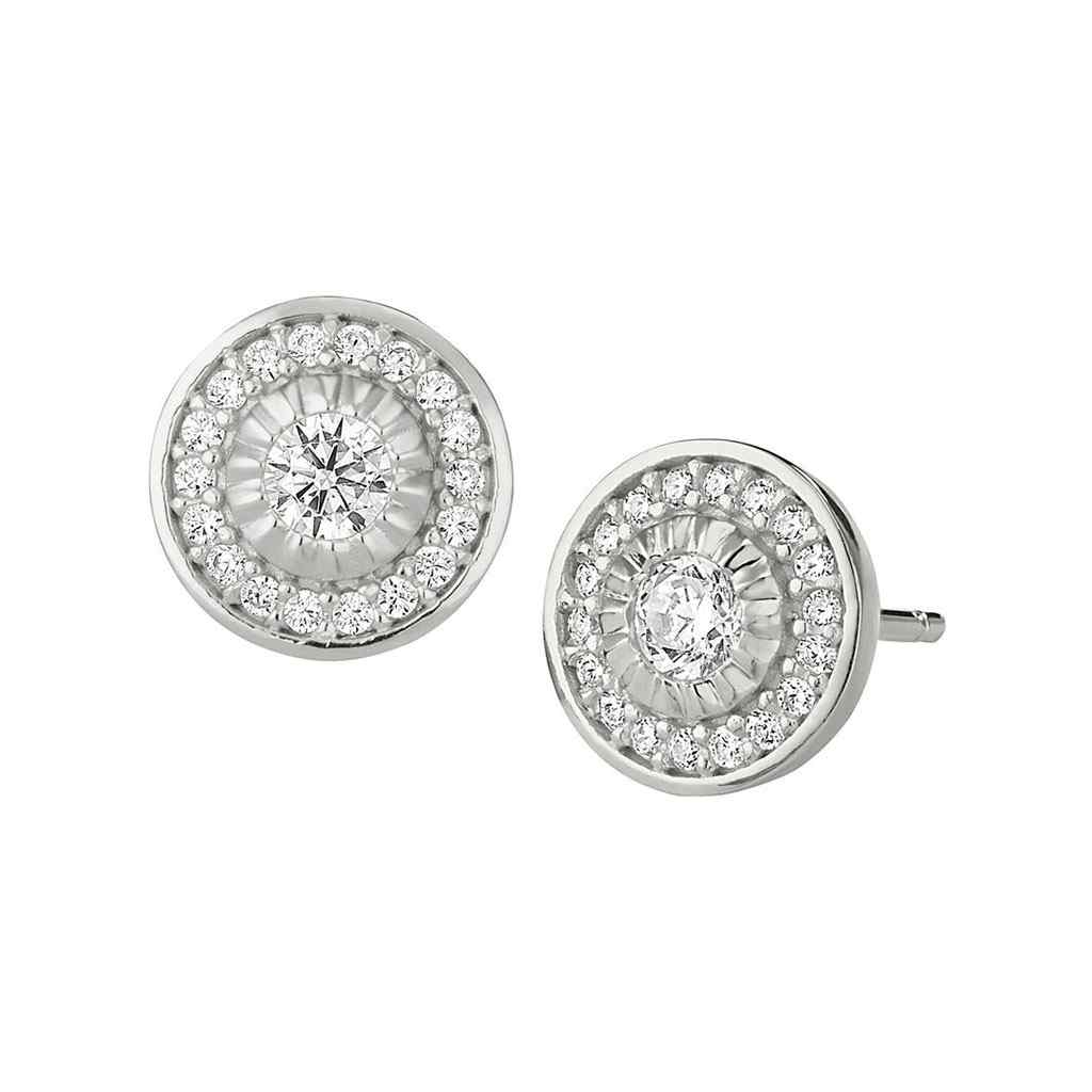 A halo earrings with simulated diamonds displayed on a neutral white background.
