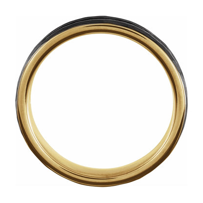 Hammered Black Tungsten Wedding Band with Yellow Gold Groove & Interior