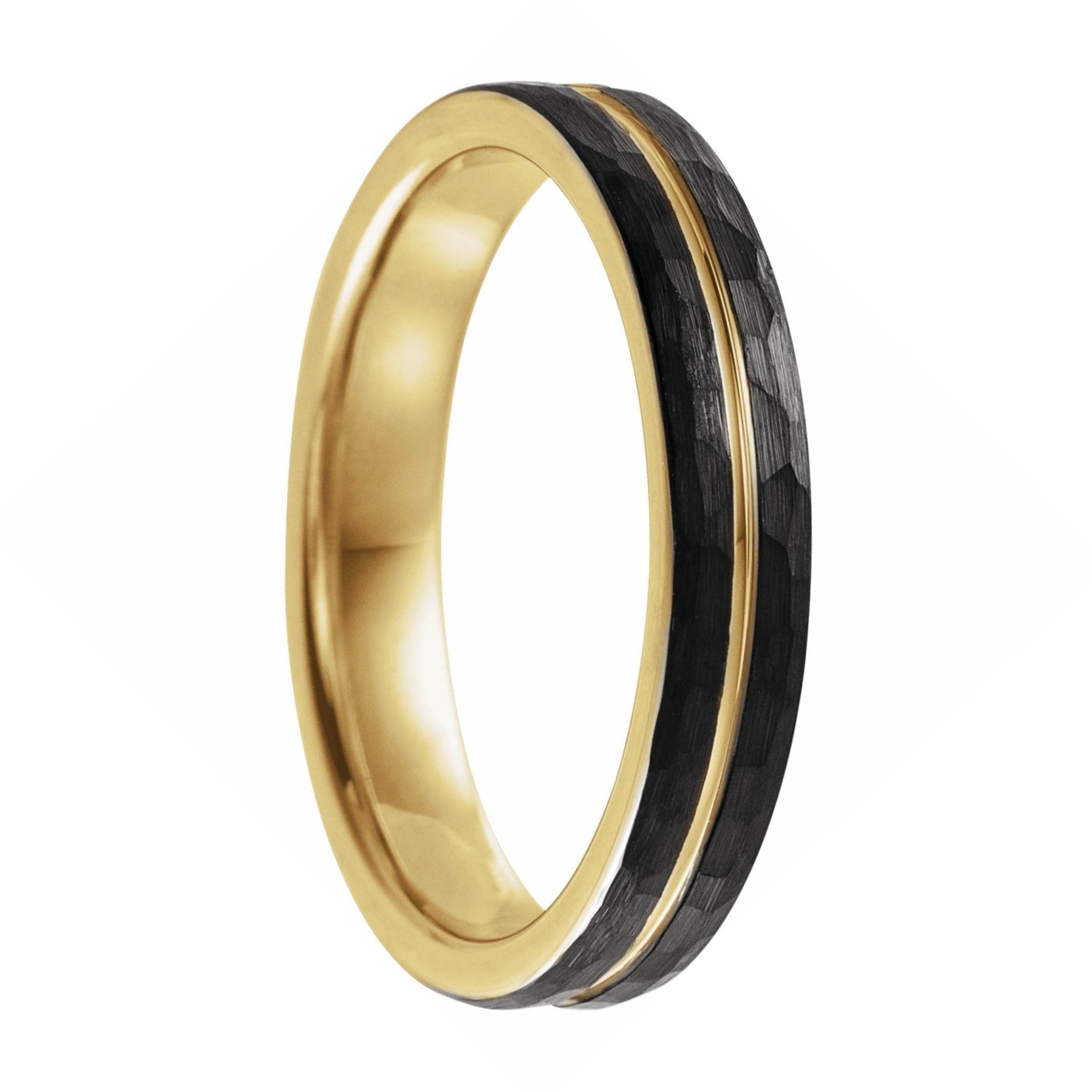 Hammered Black Tungsten Wedding Band with Yellow Gold Groove & Interior