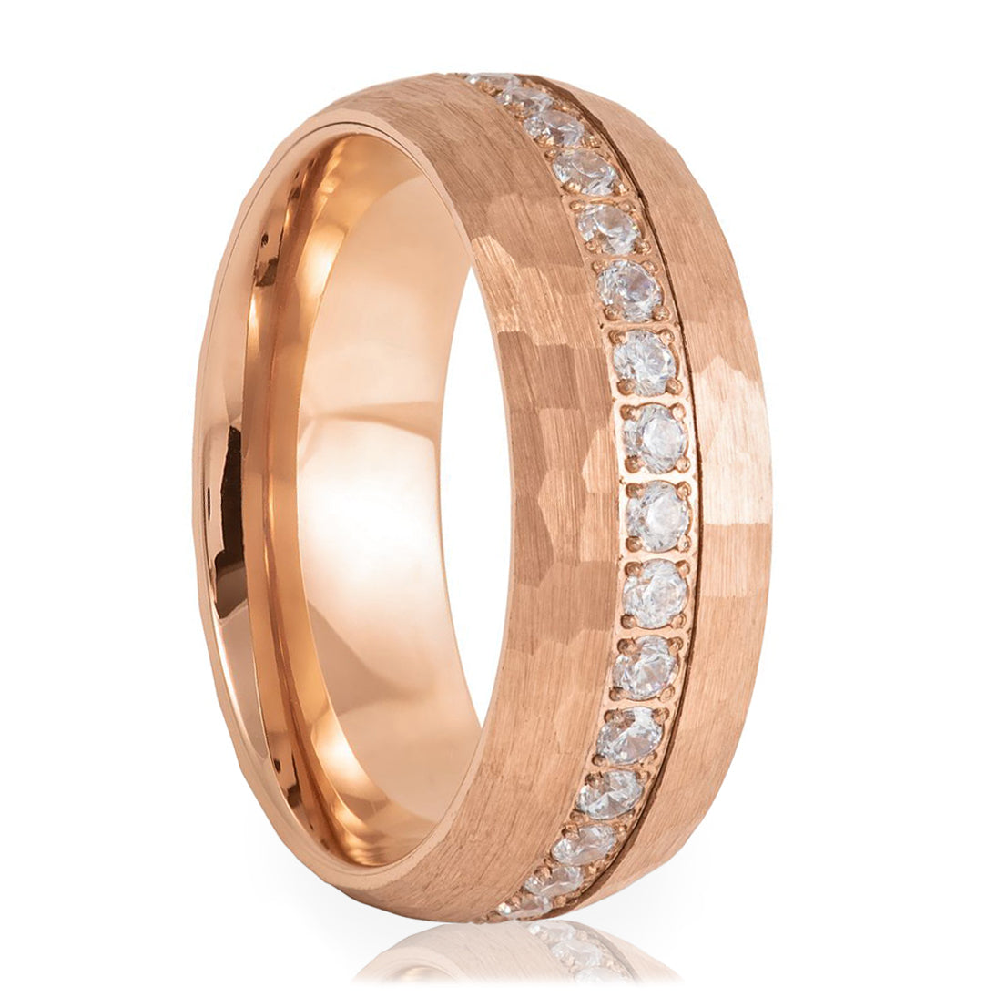 Hammered Rose Gold Tungsten Men's Wedding Band with Cubic Zirconia
