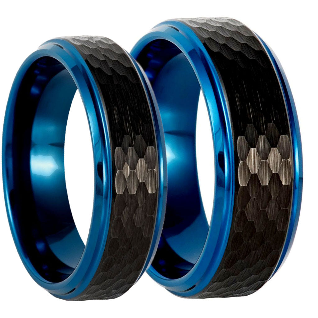 Hammered Tungsten Couple's Matching Wedding Band Set with Blue Edges