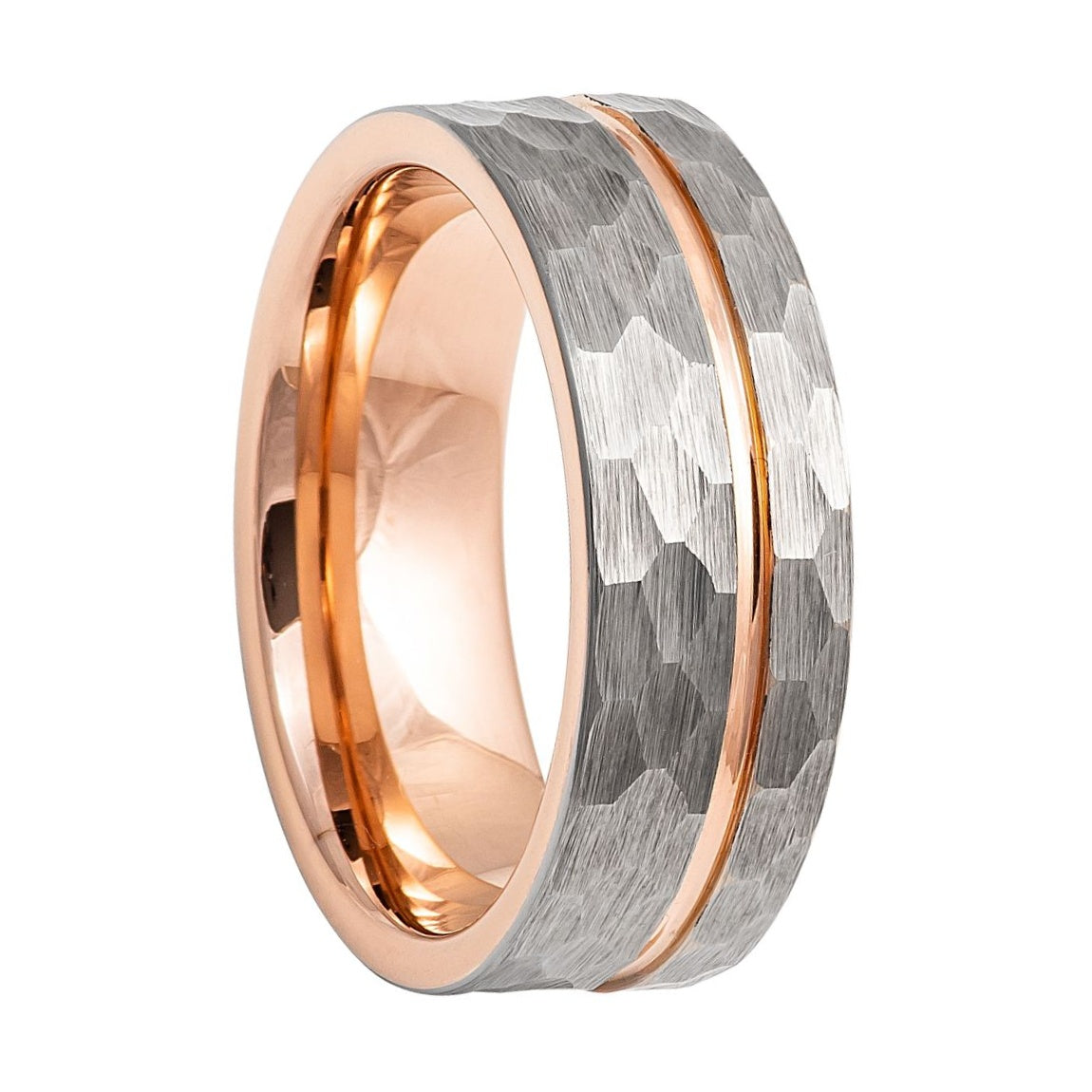 Hammered Tungsten Men's Wedding Band with Rose Gold Groove and Interior