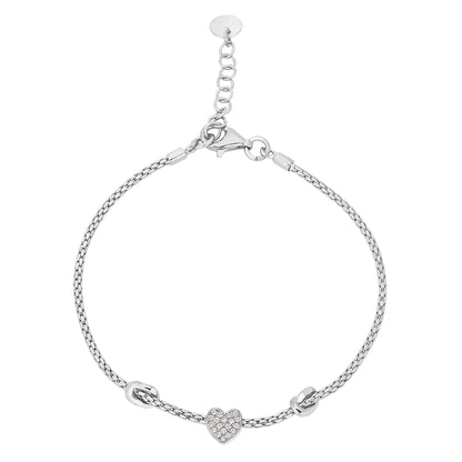 A heart & knots link bracelet displayed on a neutral white background.