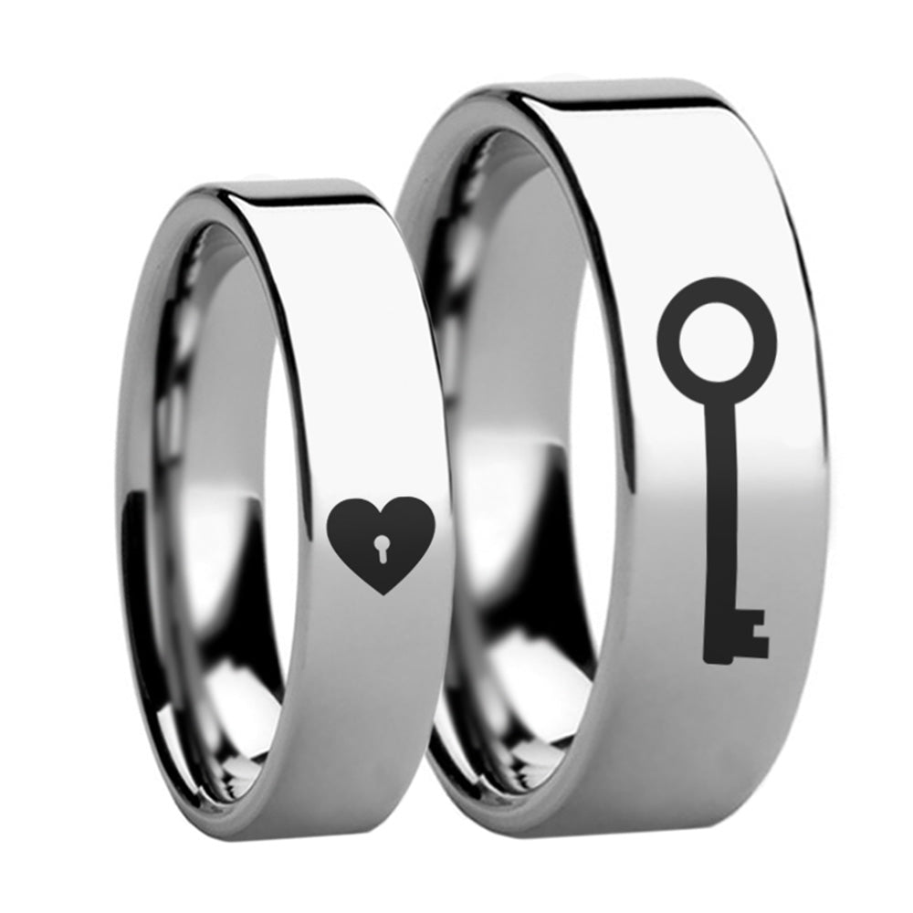 Heart Lock & Key Tungsten Couple's Matching Wedding Band Set