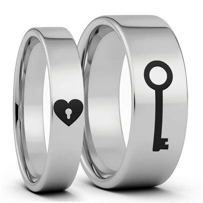 Heart Lock & Key Tungsten Couple's Matching Wedding Band Set