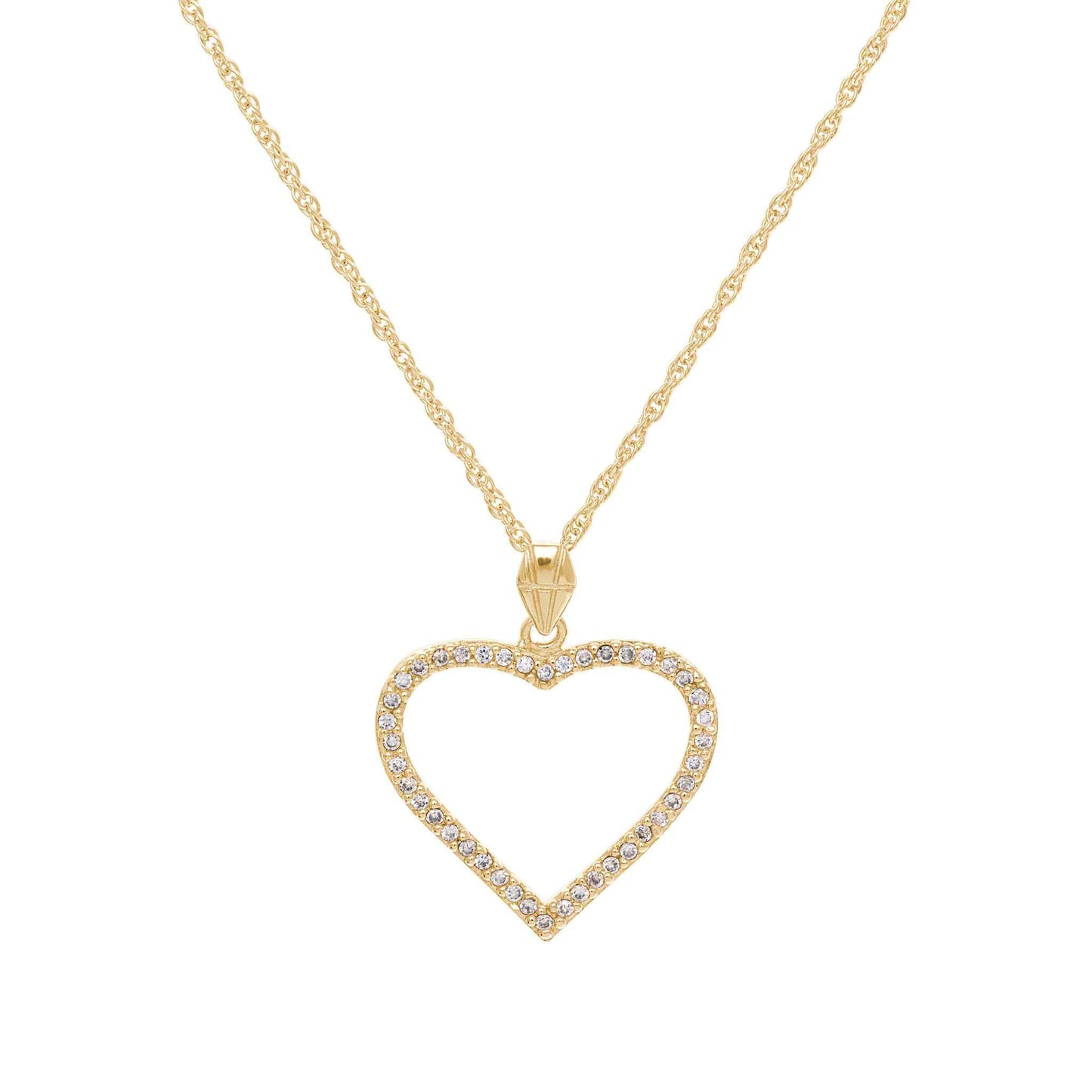 A simulated diamond heart necklace displayed on a neutral white background.