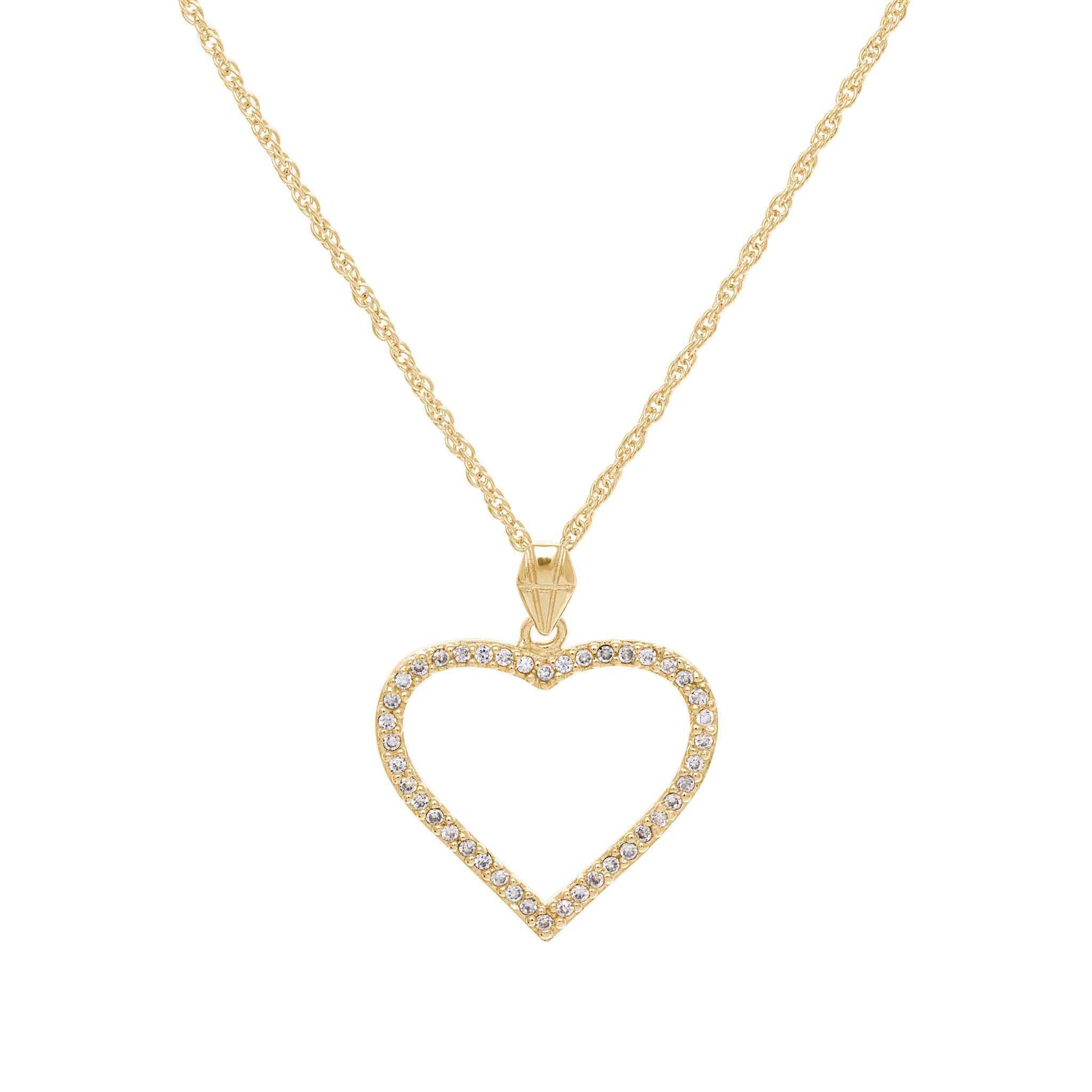 A simulated diamond heart necklace displayed on a neutral white background.