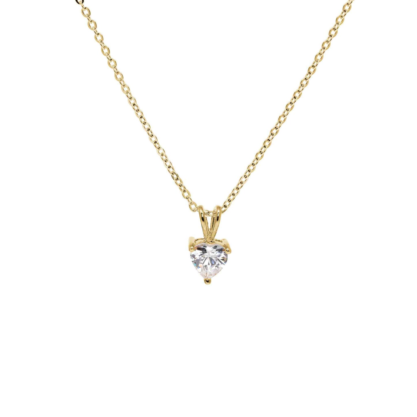 A heart shaped simulated diamond necklace displayed on a neutral white background.