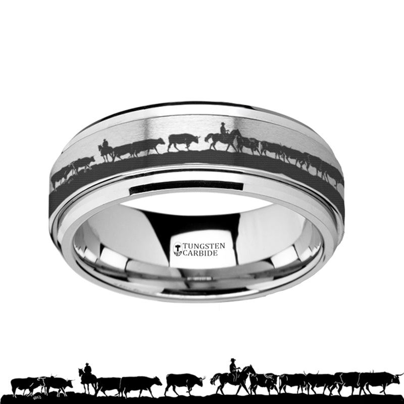 Herding Cattle Engraved Spinner Tungsten Wedding Band